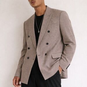 ASOS Brown Pink Plaid Check Houndstooth Double Breasted Blazer 44R NWT